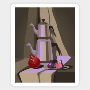 Still life with Turkish teapot and fruits in coffee color Sticker